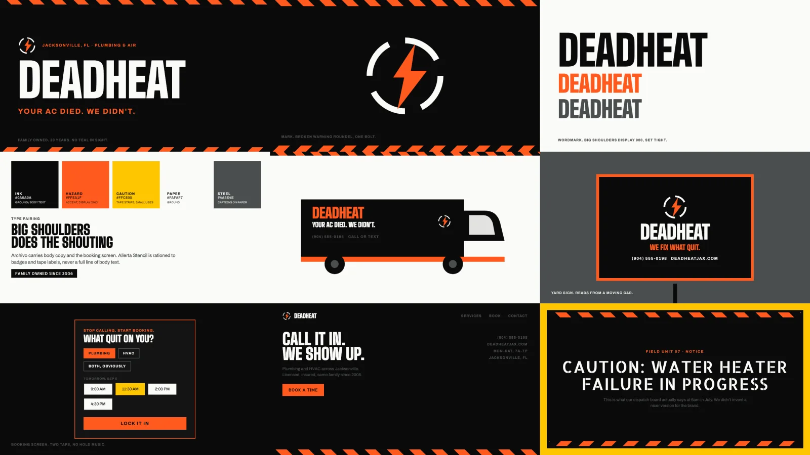 The nine Deadheat brand tiles laid out as one sheet