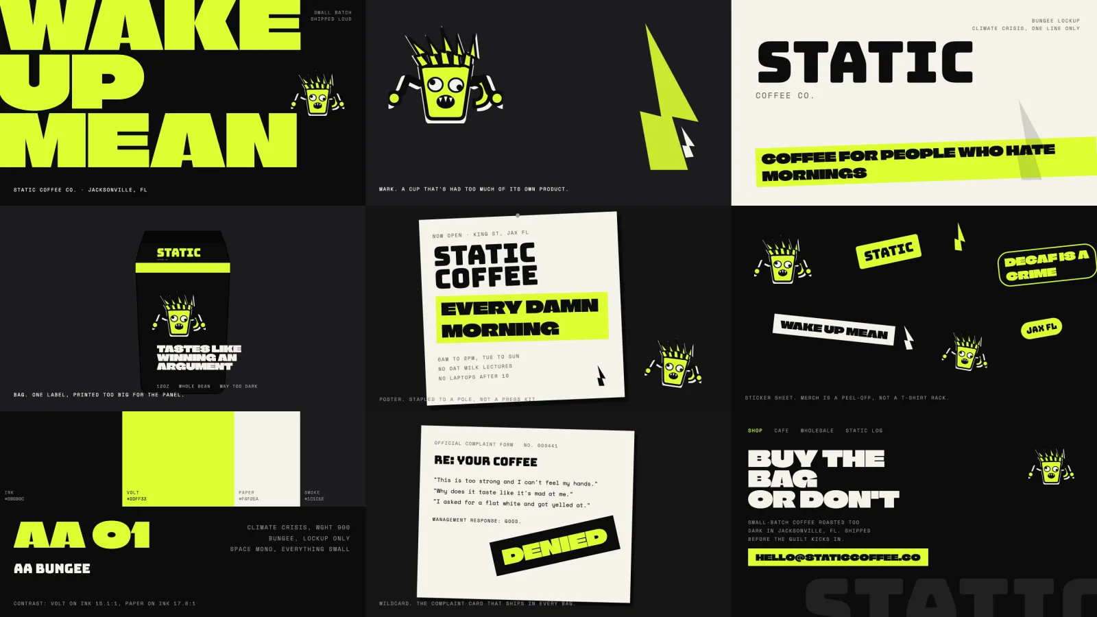 The nine Static Coffee Co. brand tiles laid out as one sheet