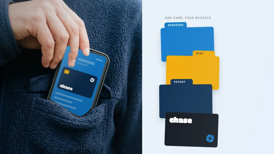 A hand pulling a phone from a fleece chest pocket, chase card on the screen