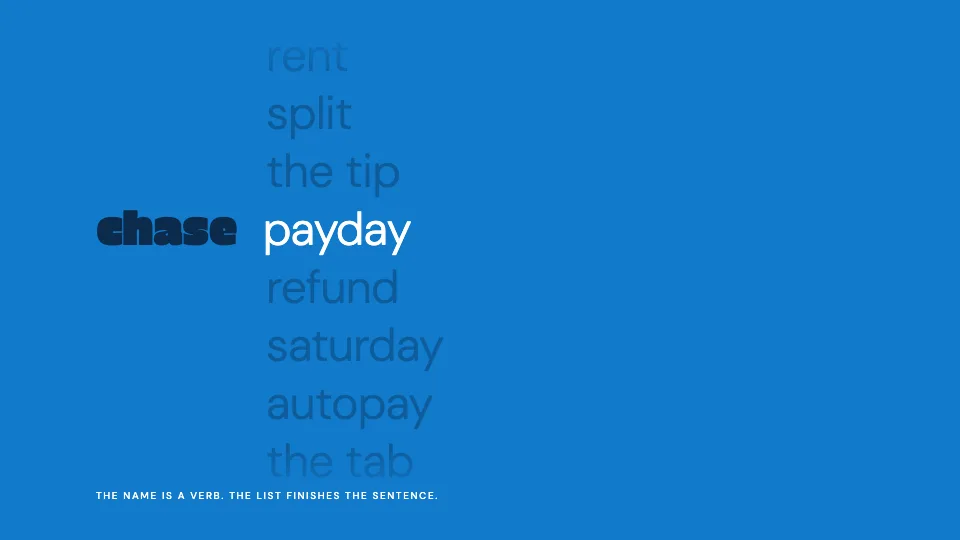 The chase word list panel, the logo finishing a sentence