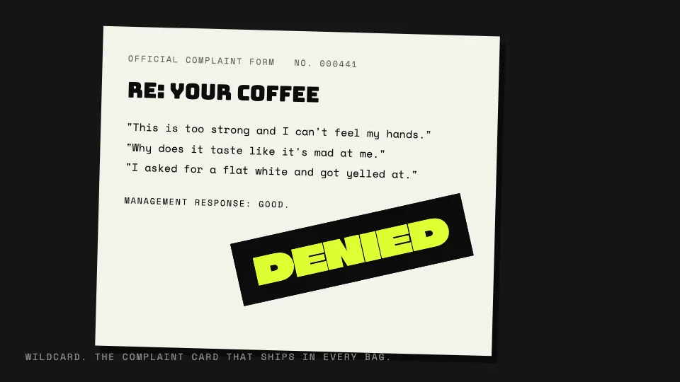 Static Coffee Co. parody complaint form stamped denied