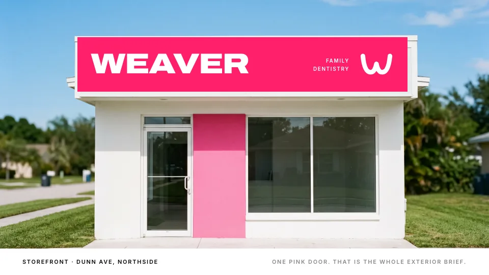 The Weaver storefront on Dunn Ave with one pink door