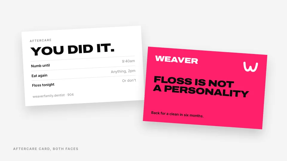 The Weaver aftercare card, both faces