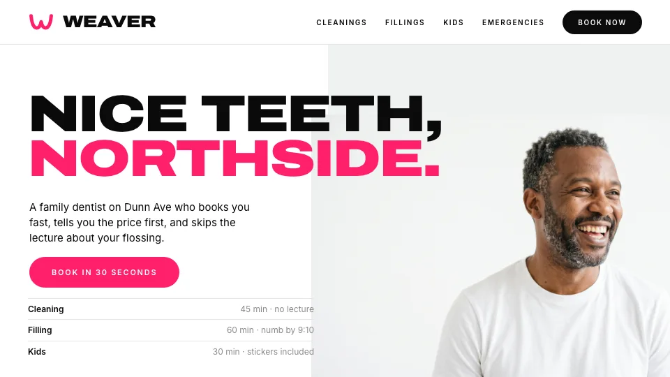 Weaver website hero mockup with the service spec list