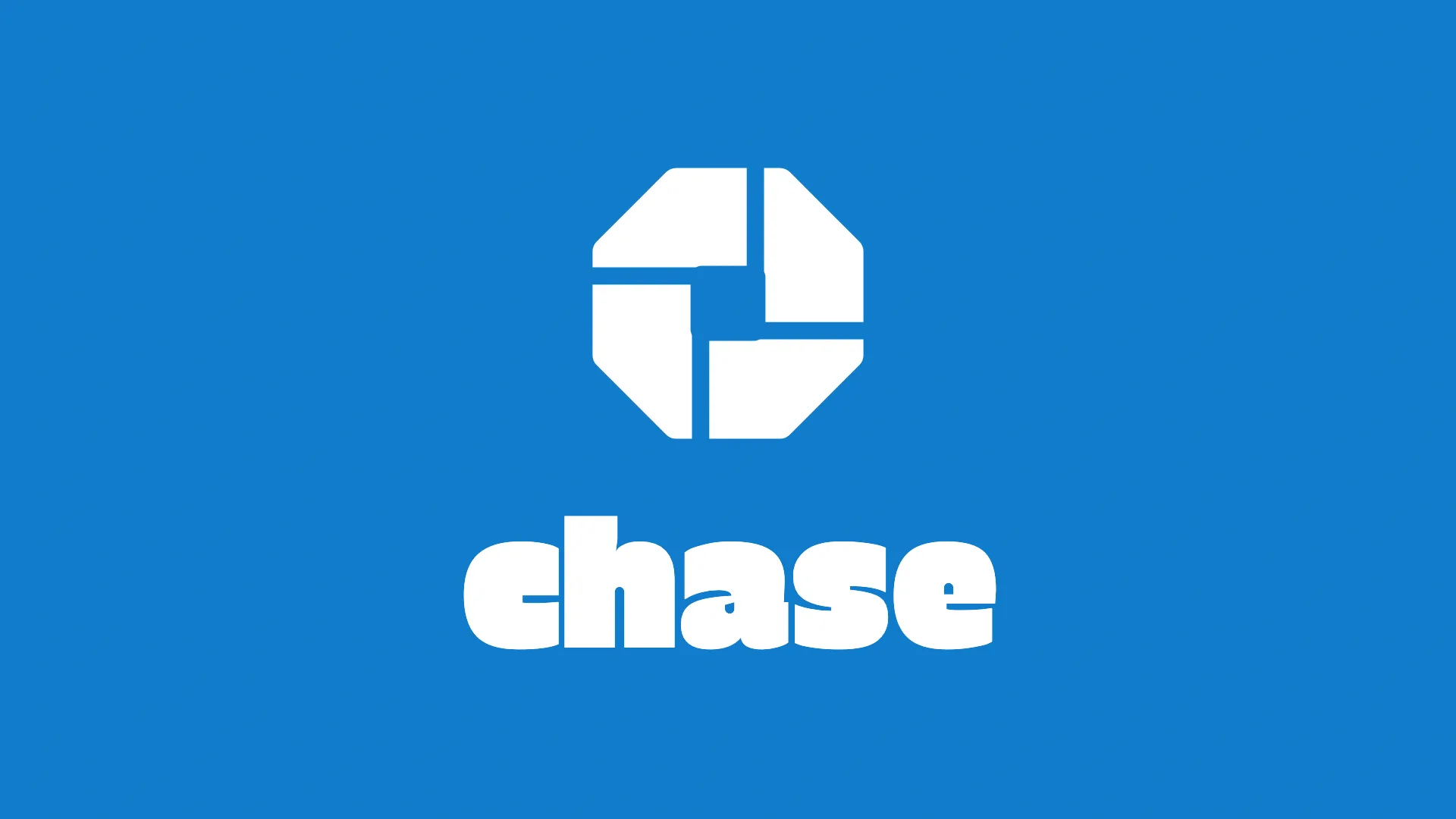 chase concept logo, the pinwheel octagon and soft serif wordmark in white on Chase blue